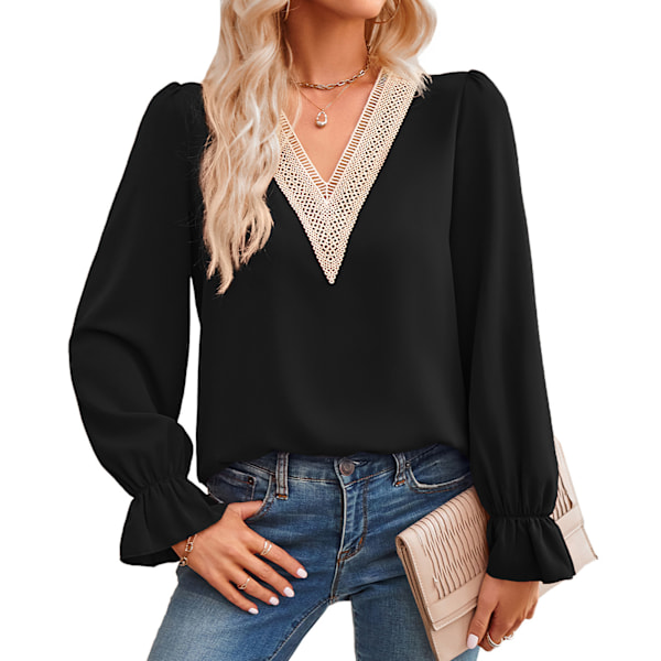 Dam V-ringad Topp Långärmad Spetsskarvad Skjorta Volangärm Skjorta Lös Casual Blus Svart XL