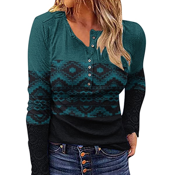 Dam Blus Spetsdetaljer Långärmad Knäppning Ribbstickad Slim Fit Blus för Kvinnor Grön S
