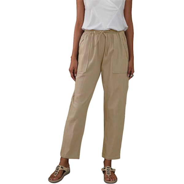 Dam Casual Byxor Bomull Linne Dragsko Bakre Elastisk Midja Byxor med Fickor C21037 Khaki XXL