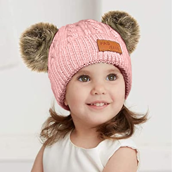 Toddler Hat， Färg Vinter Dubbel Pom Pom Stickad Mössa