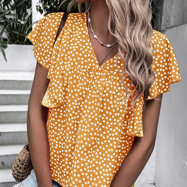 Volang Kortärmad Blus Blommig Tryckt Casual Figursydd V-ringning Volangärm Blus för Kvinnor Sommar Orange S