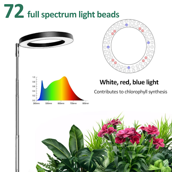 Växtlampa LED Fullspektrum för Inomhusväxter, Justerbar Växtbelysning med 72 LEDs, Dimbar Ljusstyrka, Timer 3/9/12 Timmar för Inomhusväxter black