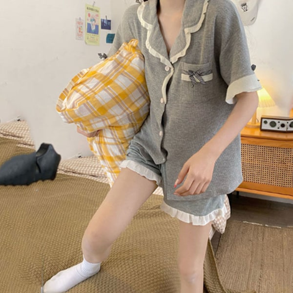 Dam Pyjamasset Kortärmad Sovkläder Knäppning Tvådelat Nattlinne för Vår Sommar Grå XL