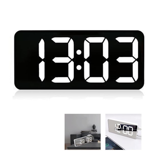 Elegant Spegelväckarklocka, Justerbar Ljusstyrka, 13 Melodier, Dubbel USB-laddning, Automatisk Dimmer, Temperatur- och Datumvisning, Vägg- eller Bordsplacering