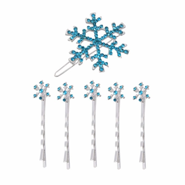 6pcs Snowflake Hair Clip Blue Rhinestone Decorative Metal Bobb