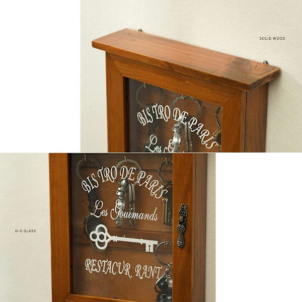 Tränyckelbox - Retro väggmonterad nyckelskåp med magnetisk dörr, miljövänlig hållbar förvaring i massivt trä med 6 krokar, kreativ heminredningshållare - Brun