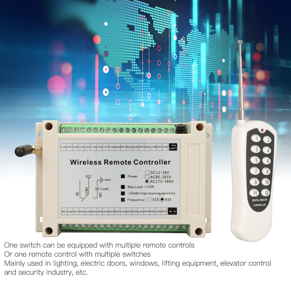 Relä fjärrkontrollbrytare AC175‑380V 12 kanaler 12 knappar RF trådlös fjärrkontrollbrytare för belysningsarmaturer