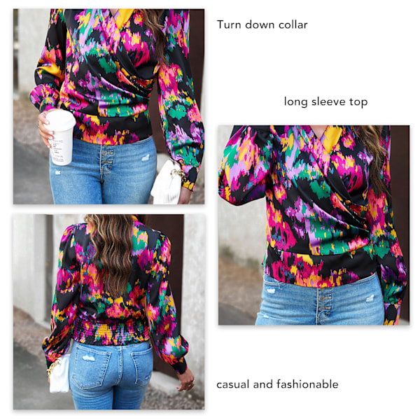 Dam Satin Wrap V-ringad Blus Blommig Puff Långärmad Lös Passform Elegant Topp Svart M