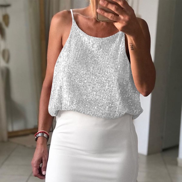 Dam Camisole Topp Paljetter V-ringning Rund Hals Framsida Baksida Använd Bekväm Ärmlös Camisole Topp Silver S