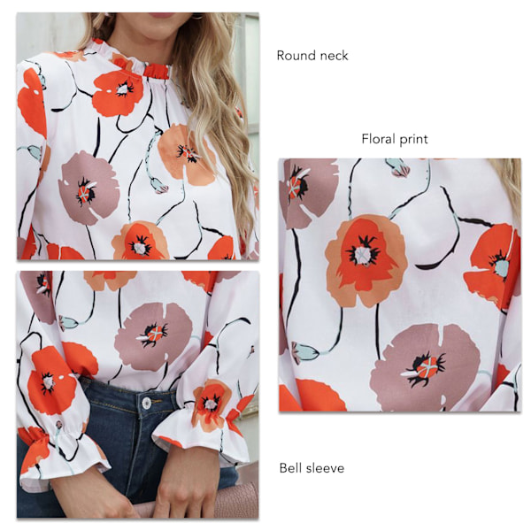 Dam Långärmad Tröja Rund Hals Klockärm Tröja Blommig Tryckt Tröja Lös Trendig Topp Vit S