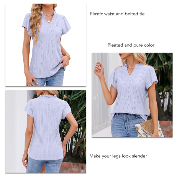 Enfärgad volang V-ringad topp blus dam lös ledig volang kortärmad virkad t-shirt för kontor lila S