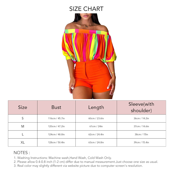 Fladdermusärm Topp Dam Off Shoulder Lös Rynkad Kort Flerfärgad Tryck för Sommar Orange Rand XL