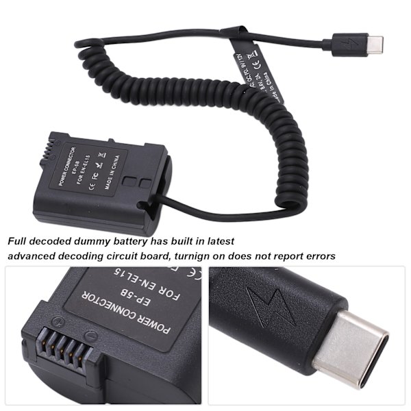 Typ C Helt Dekodat Dummy Batteri Powerbank med EN EL15 Fjäderkabel för D810 D850 Z5 Z6 Z6II Z7 Z7II Kamera