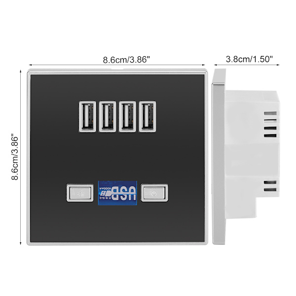 4 Portin LED-valolla varustettu USB-laturi seinäpistorasia-latausasema rakennustyömaille 220V Musta