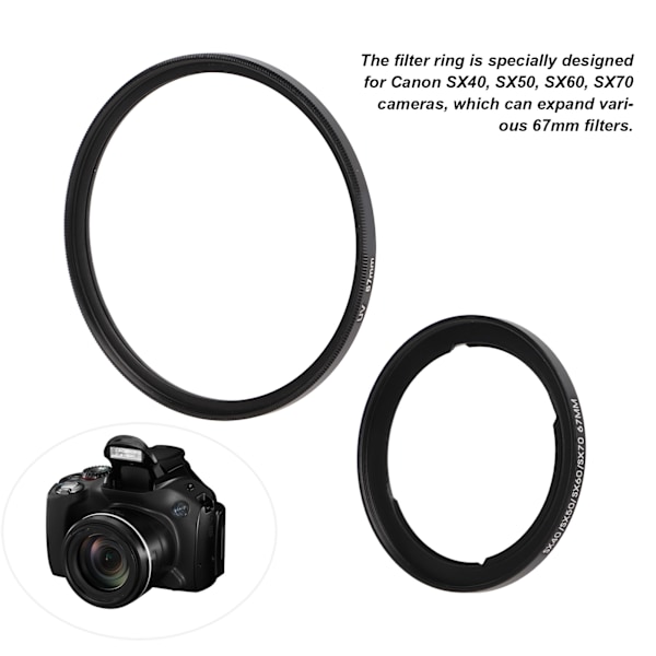 Beskyttende 67mm UV-filter Filterring Objektivdæksel Sæt til Canon SX40 Serie Kamera