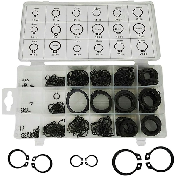 Låsringsats, Låsring av legerat stål i 18 storlekar (3mm-22mm) Metallfäste Kugghjul Trissa Lagerhållande Clip Ringar Transparent Plastlåda För