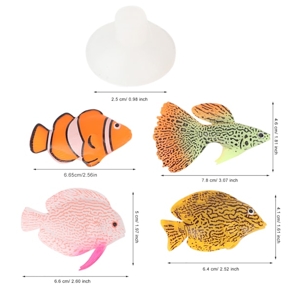 4 stk. Akvariefisk Tank Lysende Silikone Kunstig Falsk Fisk Landskab Ornament Dekoration Tilbehør