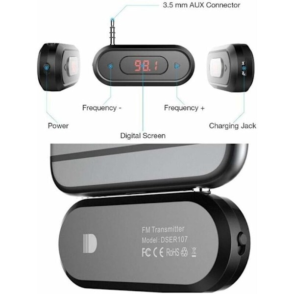 3,5 mm:n audiopää, matkapuhelin/Pad/MP3/MP4/MP5/tabletti, sisäänrakennettu FM-lähetin, 300 mAh akku, autoradiolähetin