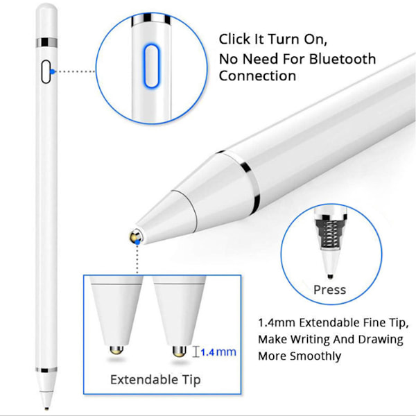 Styluspenna för kapacitiva pekskärmar, uppladdningsbar universal fin spets med lång batteritid, noggrann precision för att måla och skriva på Android