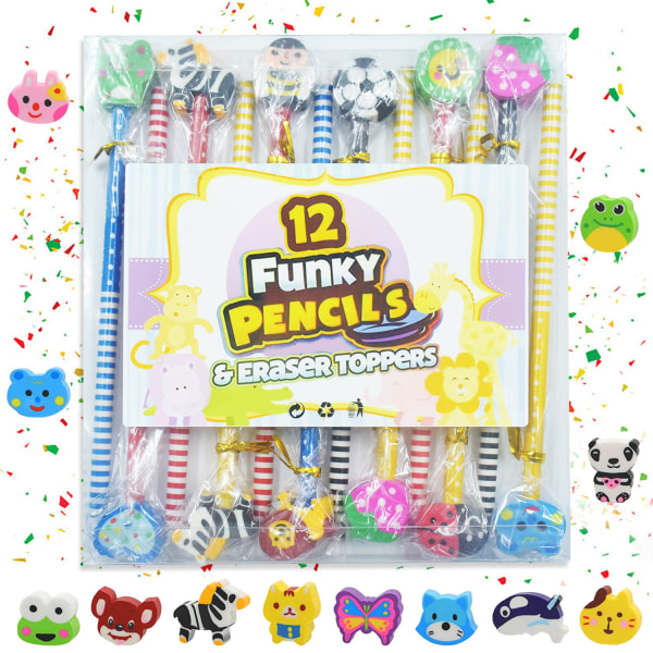 12 pennor med set, tecknade färgpennor, pennapresenter för barn, HB grafitpenna med suddgummi