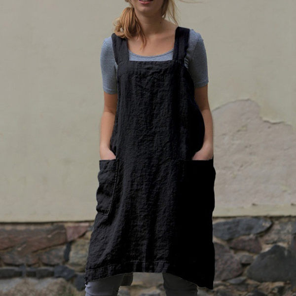 Pinafore-esiliina, ristiesiliina taskuilla, puuvillapellavainen esiliinamekko, pluskoko