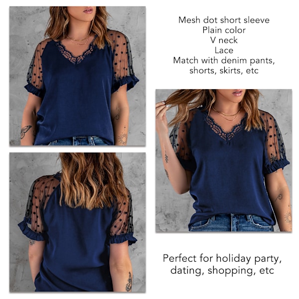 Mesh Dot Kortärmad Topp Dam Casual Elegant Stilren Enfärgad V-ringad Spetsskjorta Blus för Arbete Blå XXL