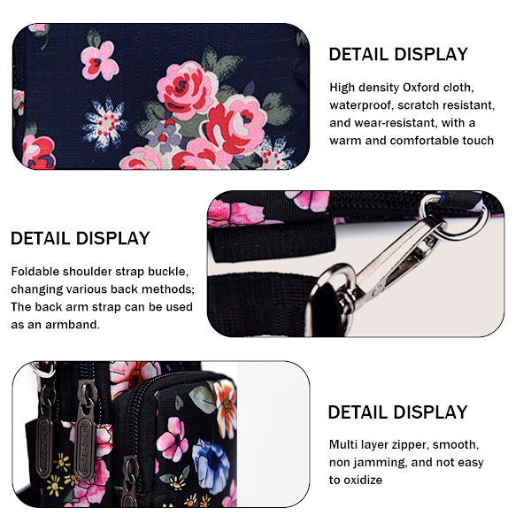 Pieni crossbody-matkapuhelinlaukku naisille, 3-kerroksinen vetoketjullinen nylon olkalaukku urheilurannekkeellinen lompakko älypuhelimille