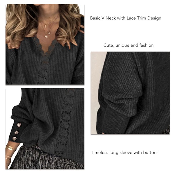 Dam Långärmad Tröja V-ringad Spetskant Lös Passform Knappdekor Enfärgad Pullover Stickad Topp Svart XL
