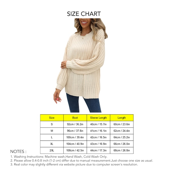 Dame Crewneck Rib Strik Sweater Efterår Vinter Løs Casual Ren Farve Pullover Sweater til Shopping Beige XL