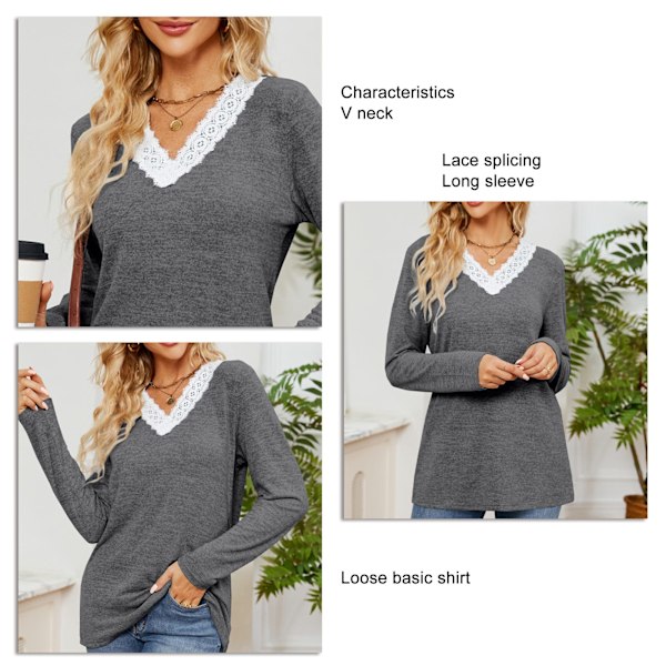 Dam V-ringad Långärmad T-shirt Spetsdetaljer Lös Modern Passform Basic Topp Tunika Mörkgrå XL