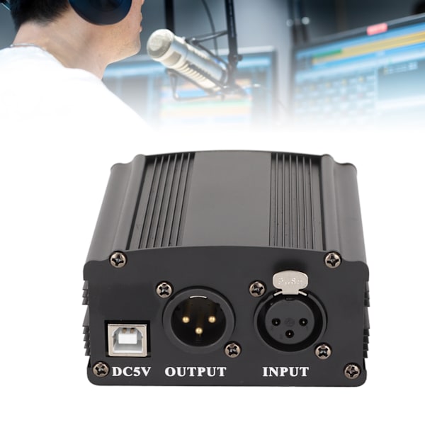 48V Phantom Power Supply 1-kanals kondensatormikrofonströmförsörjning med XLR 3-stiftskabel och USB-kabel