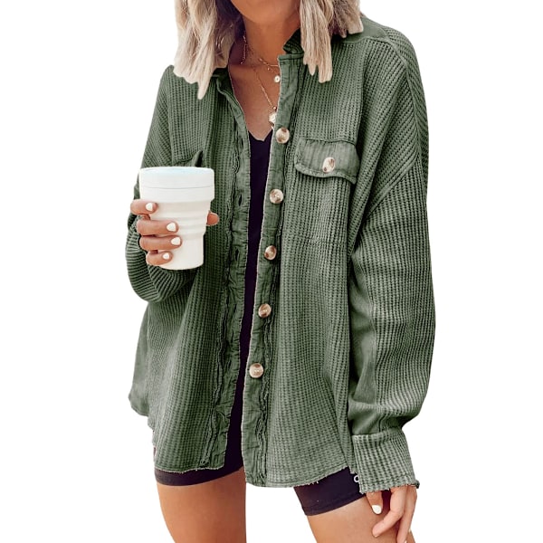 Våffelvåfflad Skjorta med Knappar Oversized Boyfriend Skjortjacka Lös Casual Dam Våffelvåfflad Shacket för Höst Vinter