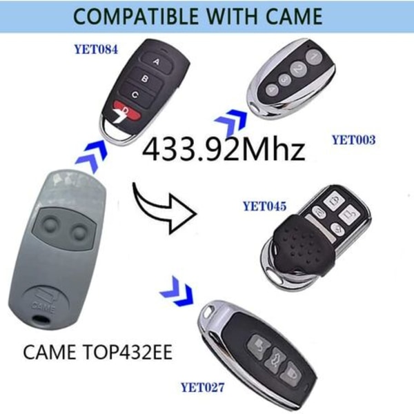 Universal grindportfjärrkontroll, Cam Top 432EE Set med 2 bärbara fjärrkontroller 433, kompatibel med dörr- och garagefjärrkontroll