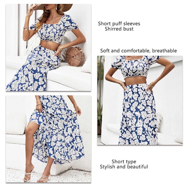 Dam Topp Lång Kjol Blommig Tryck Shirrad Byst Kort Puffärm A-linje Sommar 2-dels Outfit Blå och Vit S