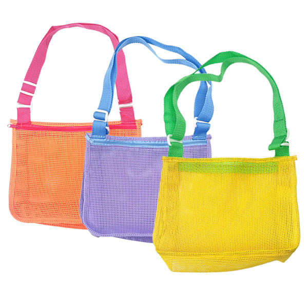 3 stk Strandleketøy Mesh Bag, for å holde skjell, frukt eller leker, justerbare bæreseler og glidelås for gutter og jenter