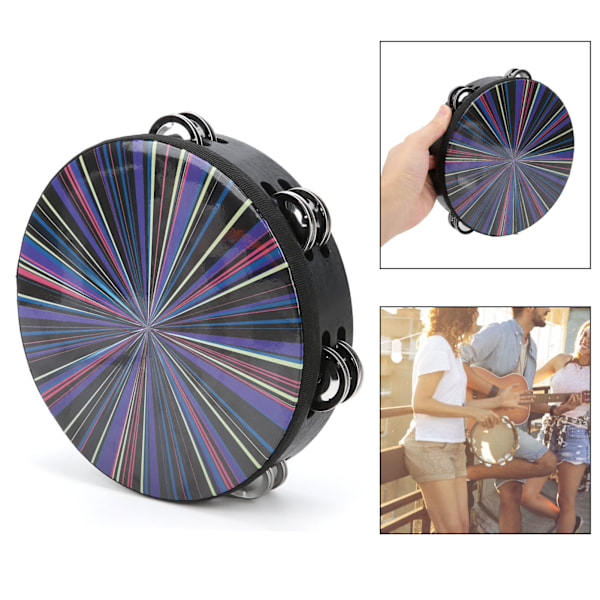 Hånd Tamburin Dobbelt Række Percussion Polyester Trommeskind Massivt Træ Instrument 8-tommer Farverige Stråler