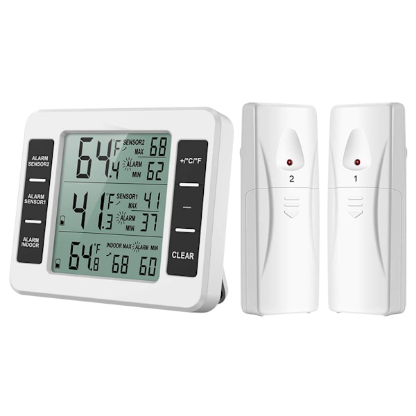 Trådlös digital kylskåpstermometer, uppgraderad version av digital frystermometersensor, med 2 st sensorslarm och inomhus/utomhus