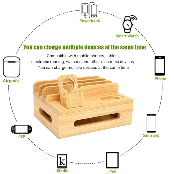 Bambus Multi-enheds Opladningsstation Opladningsdock Stativ til Telefon Tablet Ur
