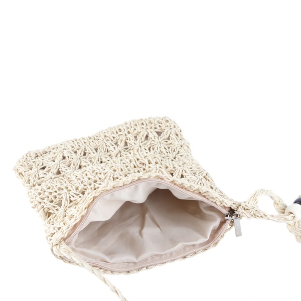 Halmveske i satengvev, håndstrikket, firkantet form, dusker, vevd veske for strand, dating, beige