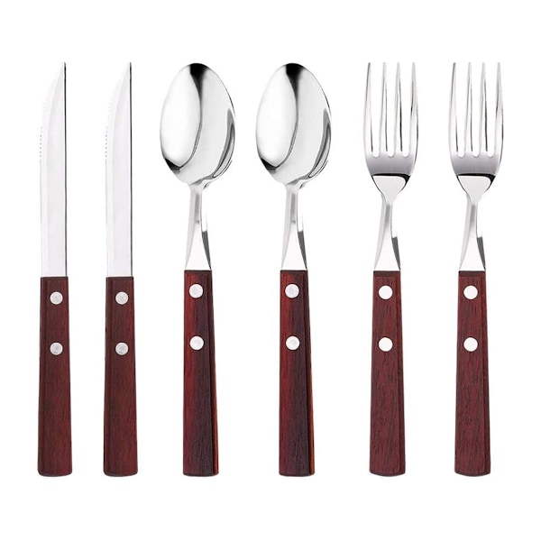 Utsökt Utseende Rustik Trähandtag Bestickset, 18 8 Rostfria Stål Redskap Med Naturligt Trähandtag För Mångsidig Användning