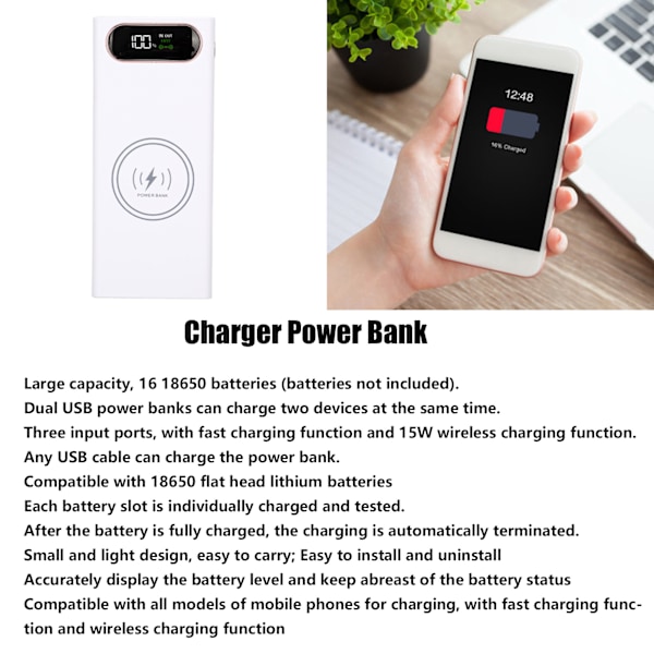 L16 DIY Power Bank 18650 Akku Kotelo Nopea Lataus 22.5W ja 15W Langaton Lataus Power Bank 2 USB Lähtöporttia LCD Näyttö Valkoinen