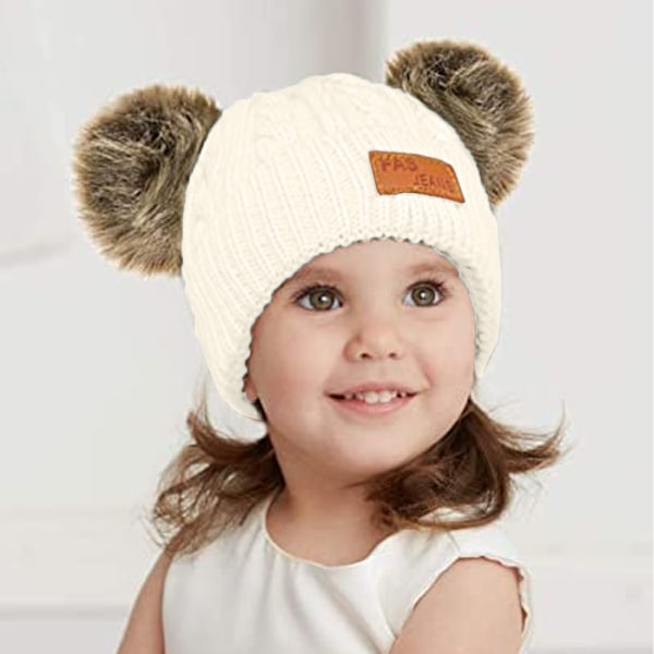 Lue for småbarn, farge vinter dobbel pom pom strikket lue