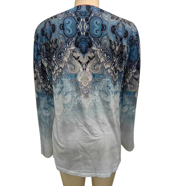 Dam Långärmad T-shirt V-ringad Knapp Fram Casual Elegant Lös Passform Pullover Topp Blå Mönster S