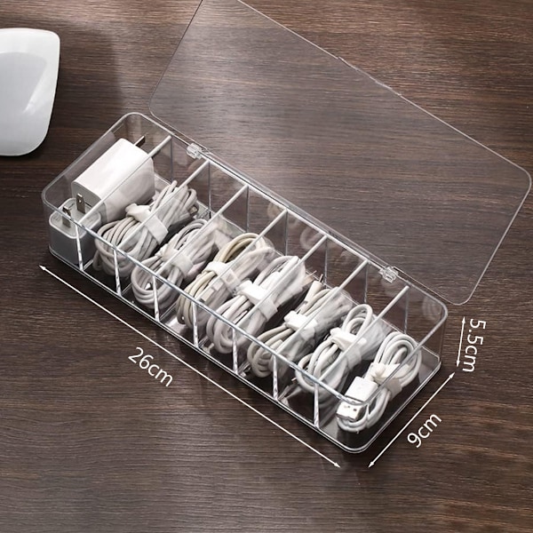 Skrivbordsladdningskabel förvaringslåda genomskinlig laddningskabel organiseringslåda elektroniska tillbehör fodral 8 rutnät grundläggande transparent färg