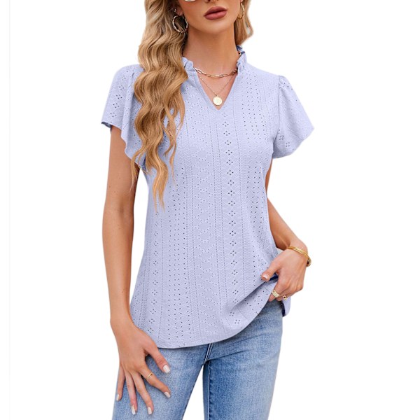 Enfärgad volang V-ringad topp blus dam lös ledig volang kortärmad virkad t-shirt för kontor lila S