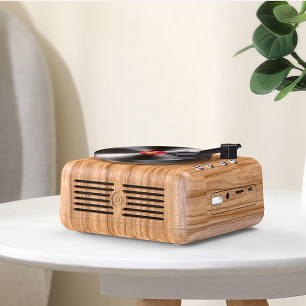 Vinylplate Bluetooth-høyttaler Innovativ Mini FM-radio HiFi Stereo Lyd Retro Grammofon Trådløs Høyttaler Trestruktur