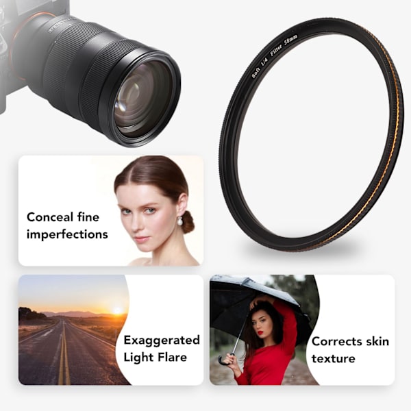 Pehmeä diffuusio 1/4 suodatin sumu unelmamainen elokuvamainen tehosuodatin matta huurrettu optinen lasisuodatin DSLR-kameralle mikroobjektiivi 58mm