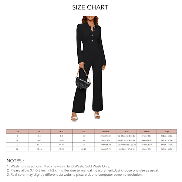 Women Jumpsuit Fashionable Straight Leg Trousers Button Turn Down Collar Pure Color Jumpsuit S Black