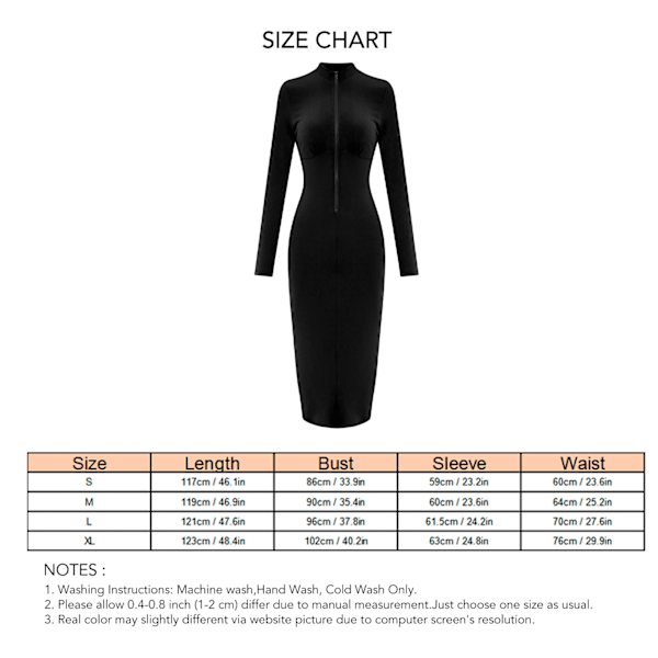 Zip Front Langærmet Bodycon Kjole Ensfarvet Snøre Rygløs Rund Hals Kvinder Kjole Sort XL