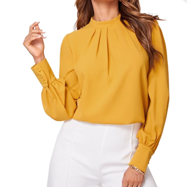 Dam Skjorta Small Hög Hals Rygg Hål Lykta Lång Ärm Chiffong Lös Dam Casual Pullover Guld XL